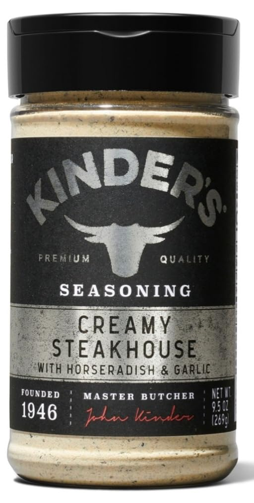 A plastic container of Kinder's Creamy Steakhouse seasoning
